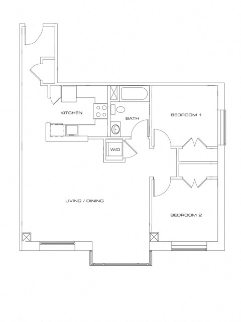 Floor plan for 2 beds, 1 bath, 949 sqft